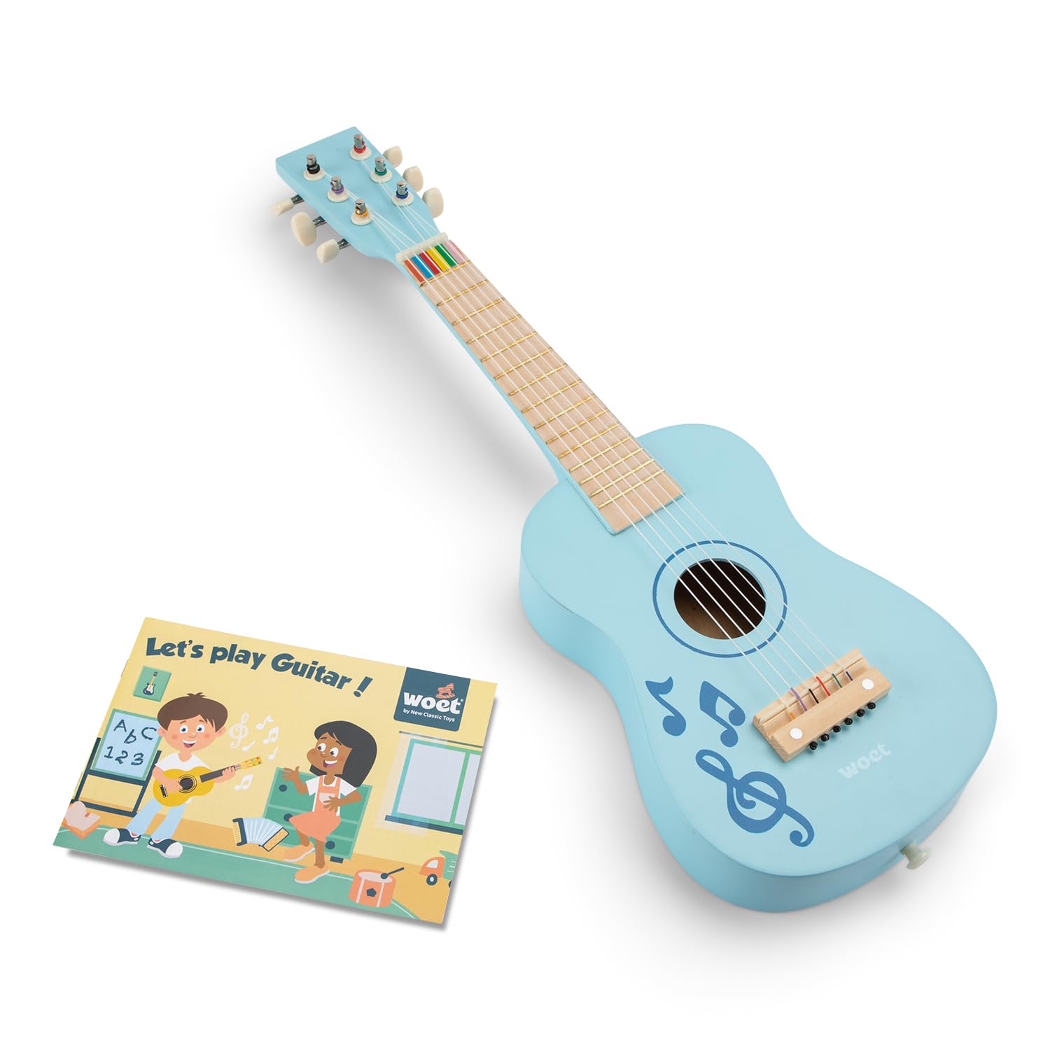 Woet® Blue Wooden Toy Guitar for Kids, 6 Nylon Strings with Strap, Spare String and Color Song Book with 3 Songs, Beginner Educational Musical Instrument, Fun Music Gift, Age 3 Years +