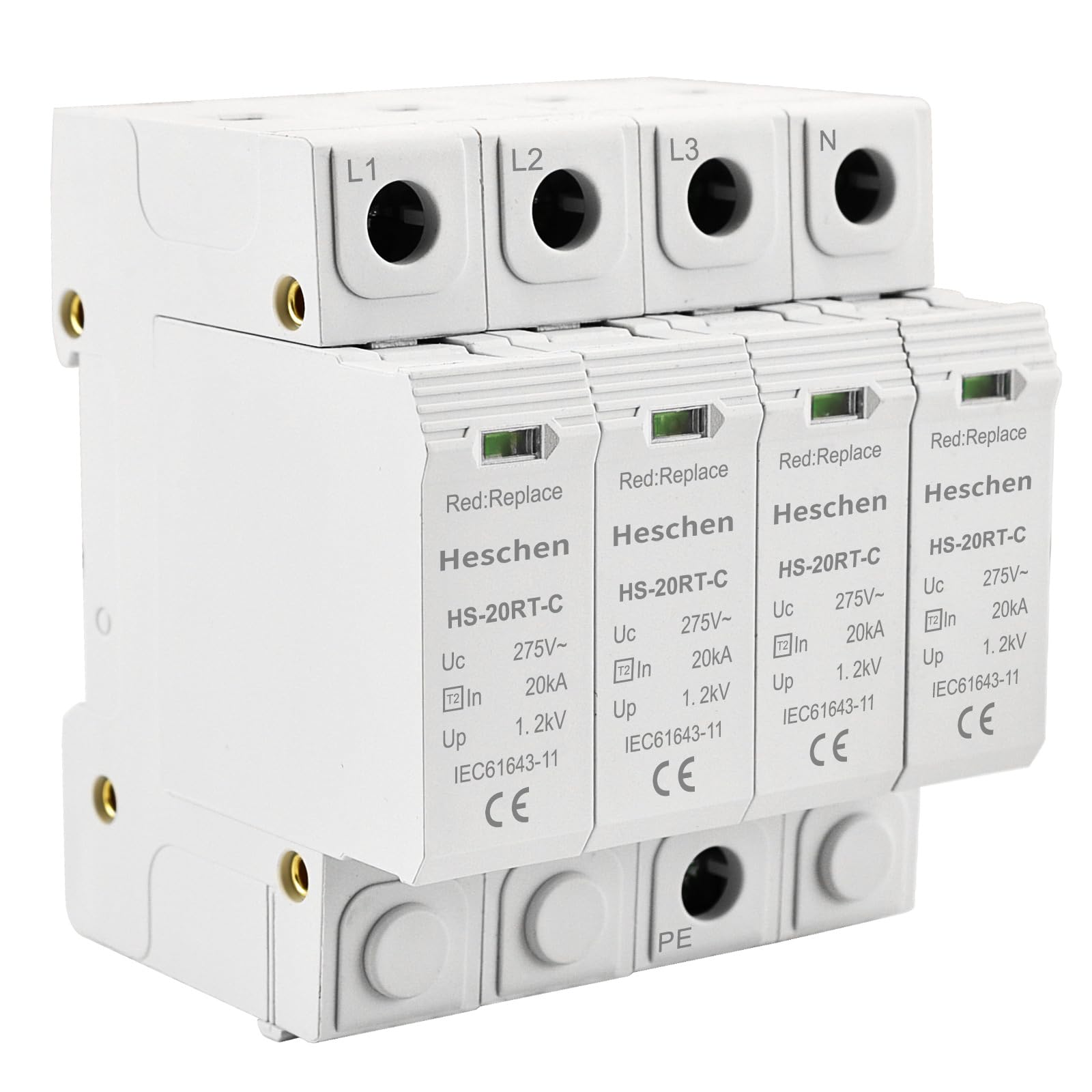 Heschen Surge Protective Device SPD, HS-20RT-C, 4P 275VAC 20KA, Built-in replaceable over current fuse, Low-Voltage Arrester, Fire-Proof, 35mm DIN Rail Mounting (4P)