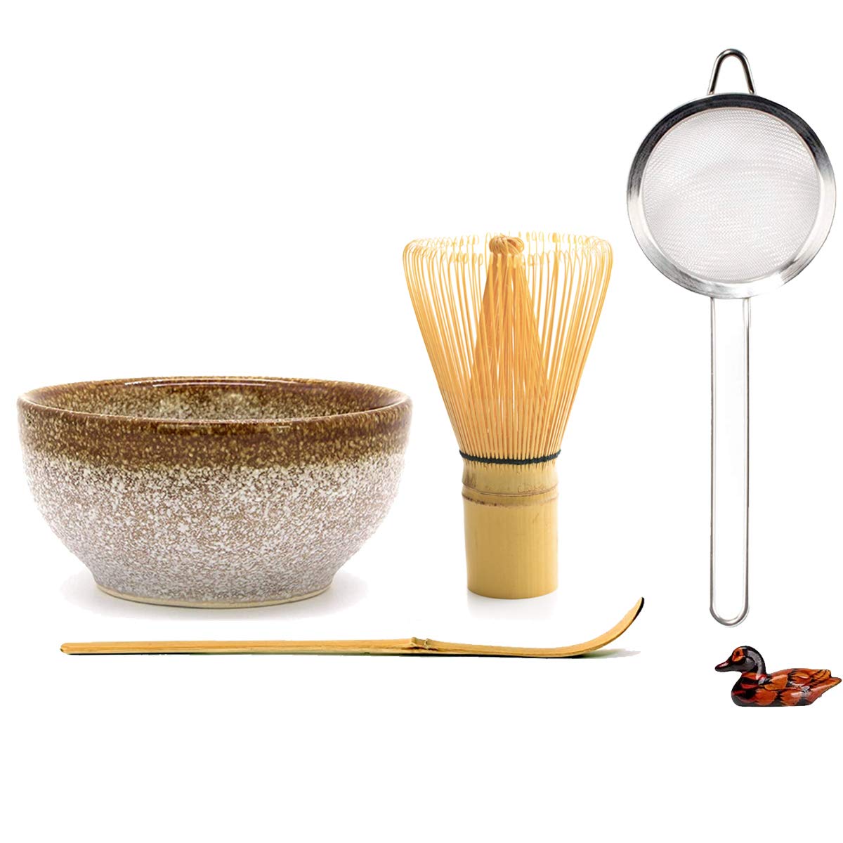 FAHIYAKU Japanese Matcha Whisk Set Matcha Tea Ceremony Set, Matcha Whisk (Chasen), Traditional Scoop (Chashaku), Scoop Holder, Tea Sifter and Ceramic Matcha Bowls(5 Pcs)
