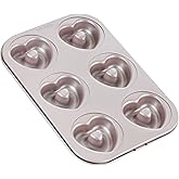 CHEFMADE Donut Mold Cake Pan, 6-Cavity Non-Stick Heart-Shaped Doughnut Bakeware for Oven Baking (Champagne Gold)