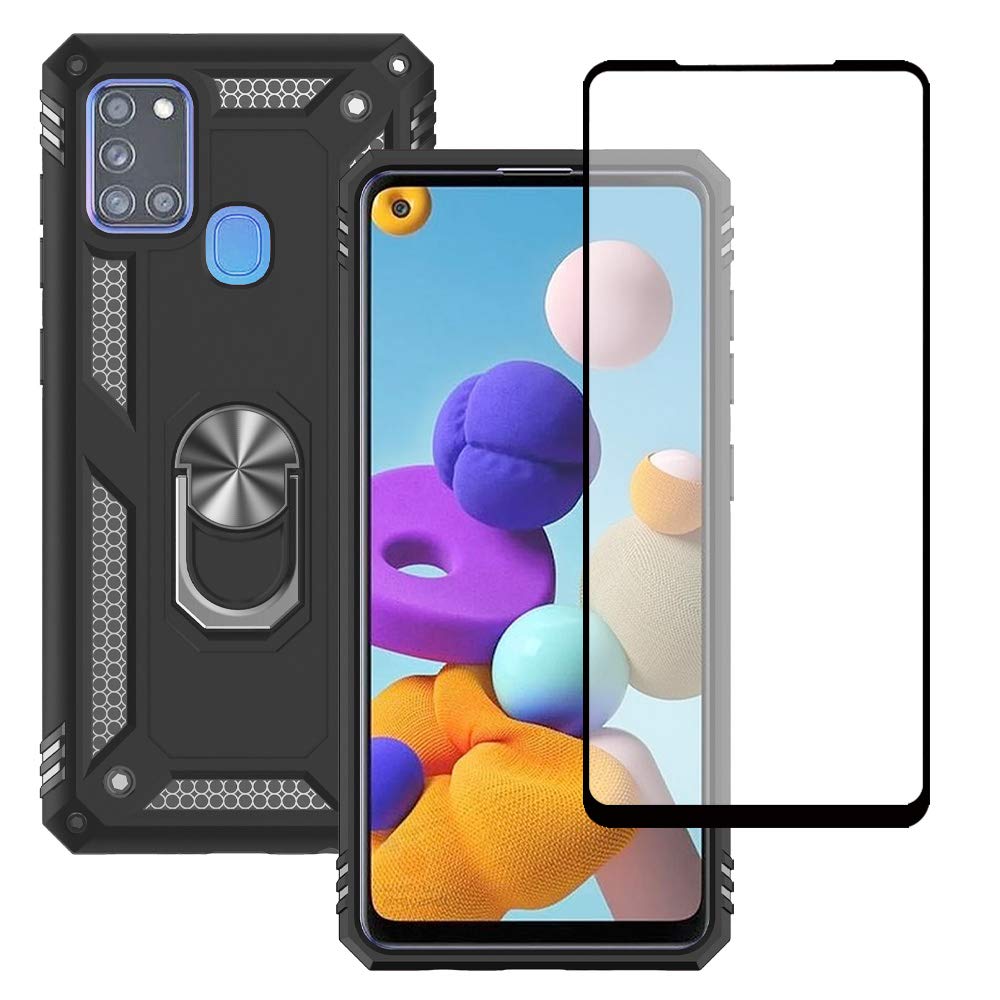 Yiakeng Samsung Galaxy A21s Case, Samsung A21s Case, With Screen Protector, Silicone Shockproof Military Grade Protective Phone Cover with Ring Kickstand for Samsung Galaxy A21s (Black) — image 1