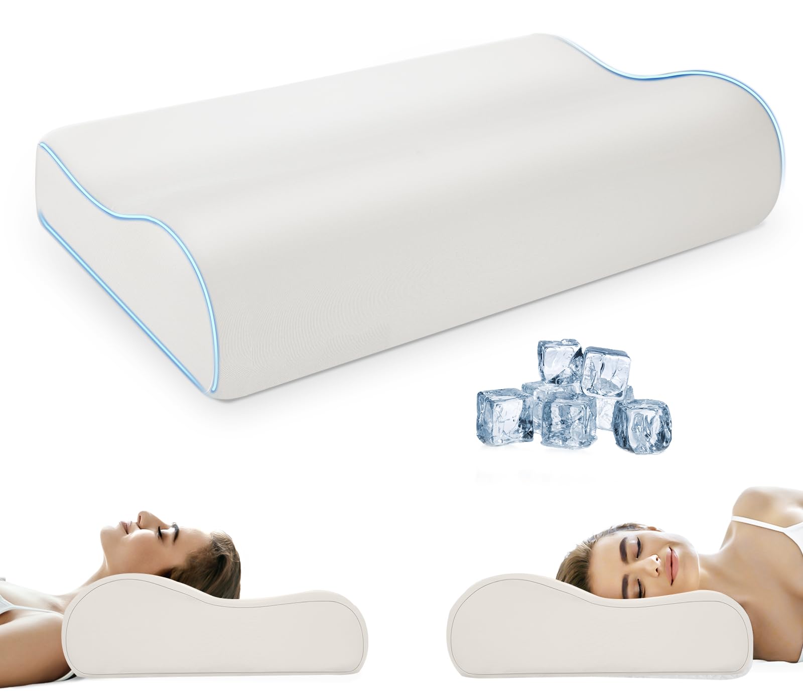PKBD Memory Foam Pillow with Pillowcase(Cooling Ice Silk),Neck/Shoulder Pain Relief,Ergonomic Orthopedic Cervical Pillow,Bed Pillow for Side,Back,Stomach Sleepers