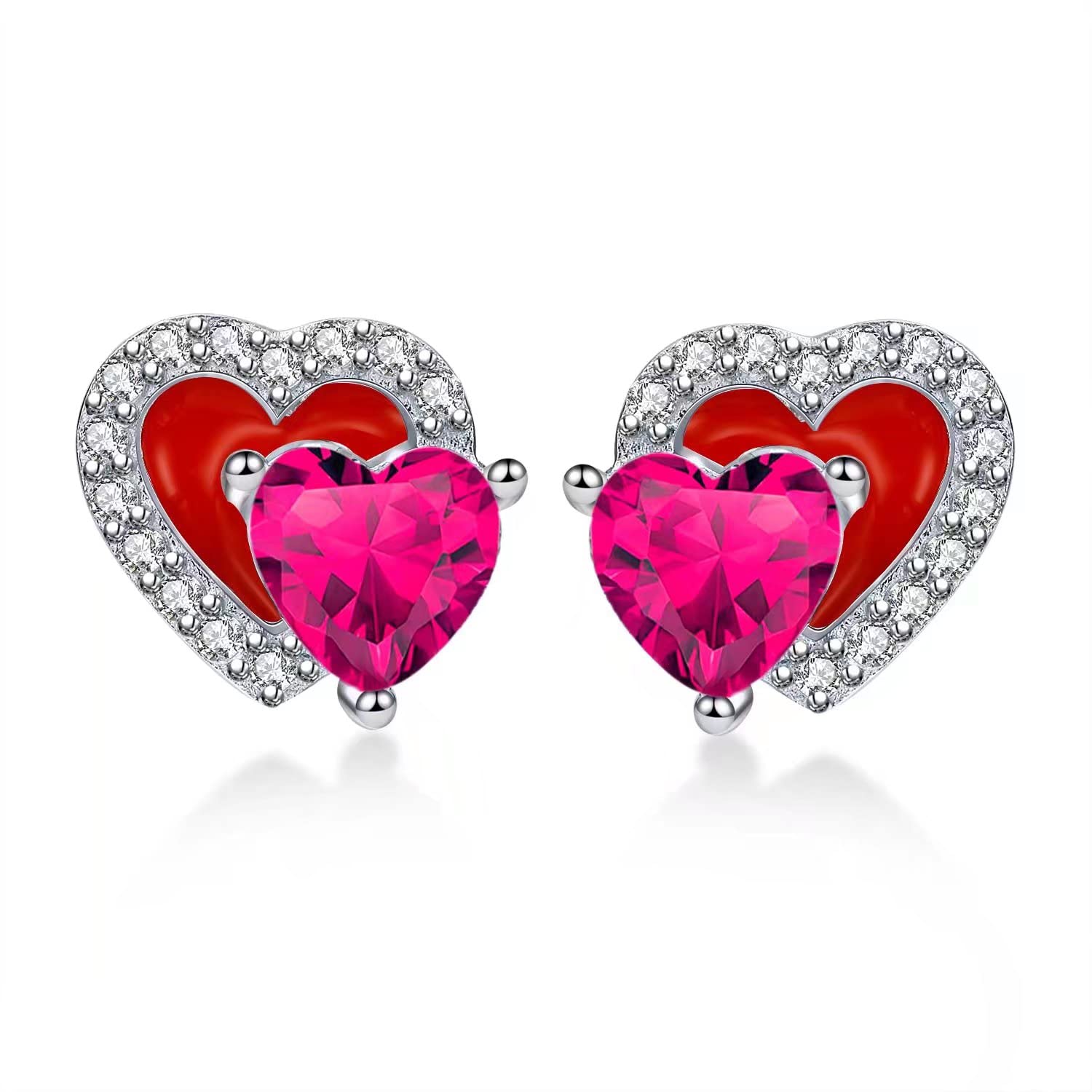 Qings July Ruby Birthstone Stud Earrings Dainty Red Heart-shaped Gemstone Cubic Zirconia 925 Sterling Silver Enamel Double Heart Love Present for Her