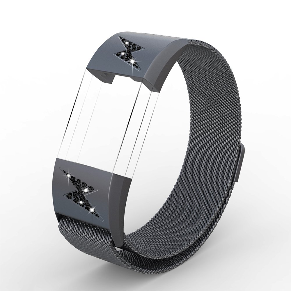 Fitbit Charge 2 Bands, MeanLove Bling Diamonds Stainless Steel Milanese Loop Replacement Accessories Magnetic Metal Small & Large Bands for Fitbit Charge 2 (Gray, Small (5.5\