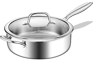 E-far 10 Inch Tri-Ply Stainless Steel Saute Pan, 4.5 Quart Deep Frying Pan with Lid, Kitchen Skillet, Healthy Non-toxic Cooki