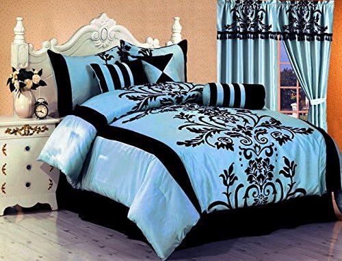 Amazon Com 7 Pc Modern Black Blue Flock Satin Comforter 90 X 92