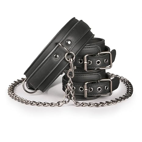 EasyToys Fetish Collection - Kunstleder Kragen mit Fußfesseln - 80 CM langer Slave Collar mit Fußfesseln - Schwarzer Fesseln 