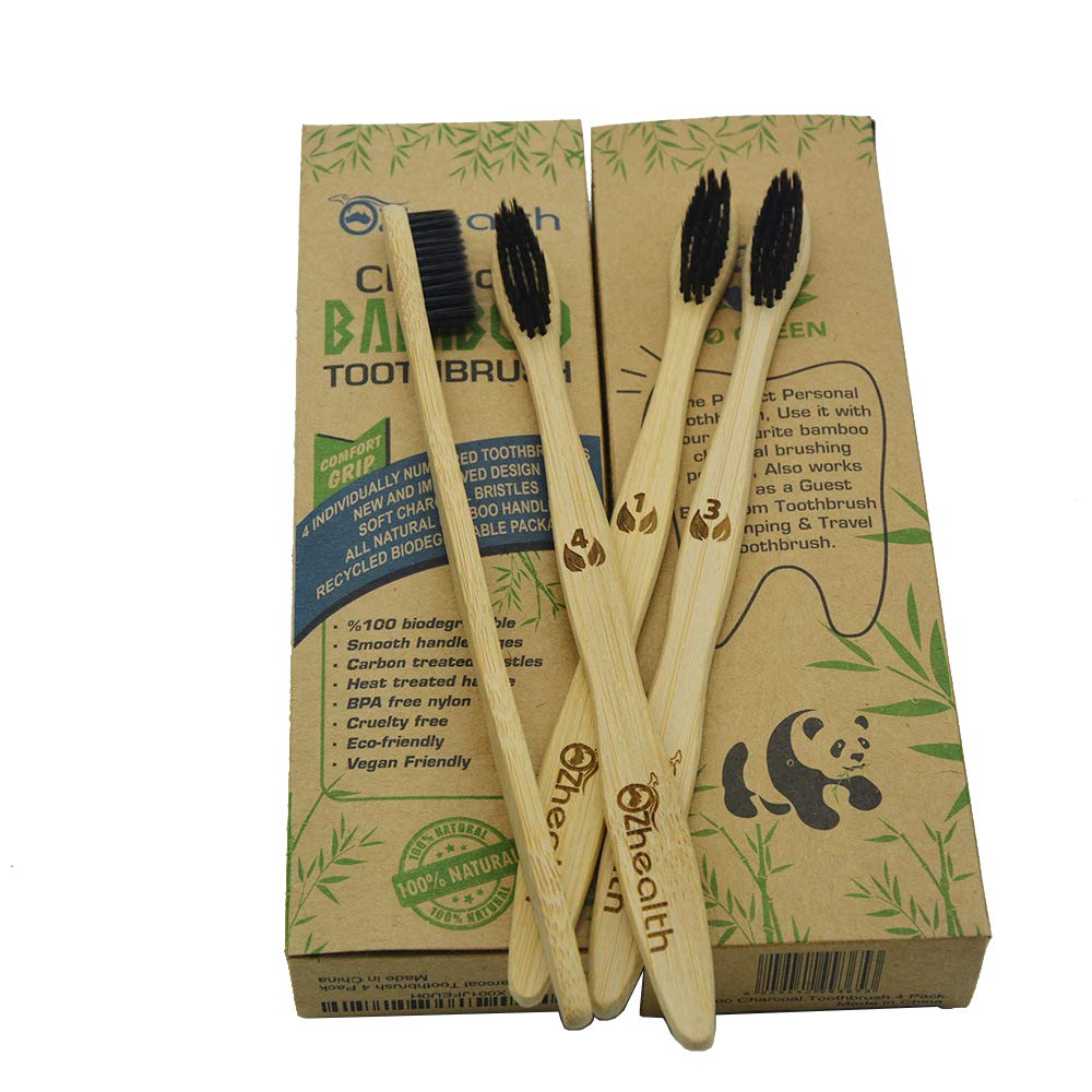 Bamboo Toothbrush - iBayx All Natural Organic Eco-Friendly Antibacterial Toothbrushes with Bamboo Handle and Charcoal Bristles, BPA Free & 100% Plastic-Free Biodegradable, Family Set, 4 Pack