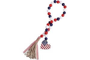Benwanfee Wood Bead Garland with American Flag and Rustic Tassels, Farmhouse Wall Hanging Prayer Beads Patriotic American Independence Day 4th of July Ornaments for Home Decor