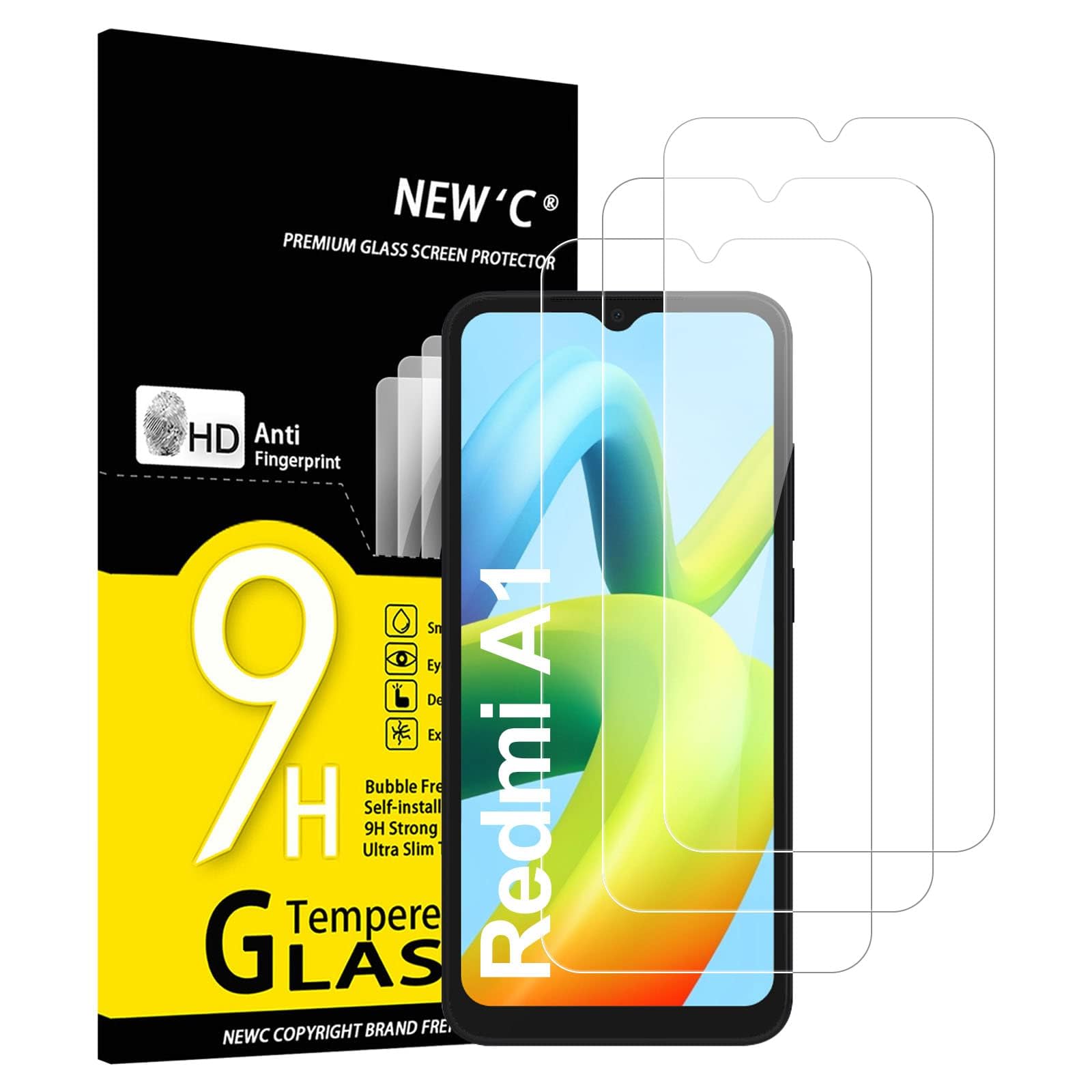 NEW'C 3 Pack Designed for Xiaomi Redmi A1,A1+,A2,A2+ Screen Protector Tempered Glass, Scratch Resistant, Bubble Free, Ultra Resista