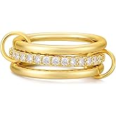 Canboer 14K Gold Plated Interlocked Stackable Rings for Women Non Tarnish,Gold and Silver Cubic Zirconia Statement Rings Set,Mixed Metals Ring Two-Toned Connected Bands Stacking Jewelry