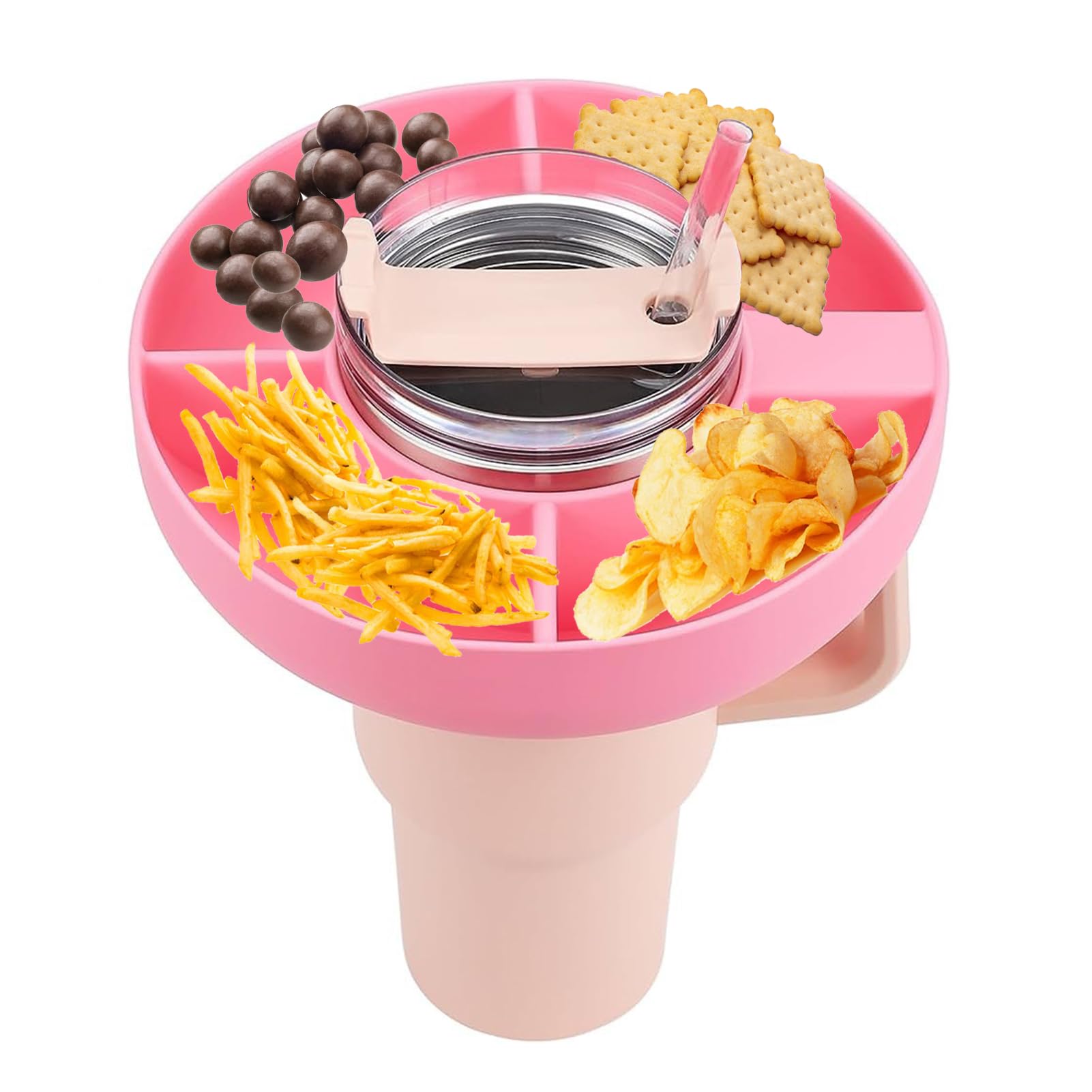 Snack Bowl for Stanley Cup, Tumbler Snack Tray Compatible with Stanley Cup 40 oz with Handle, Reusable Snack Storage Top Ring Candy Tray with 4 Compartments for Stanley Cup Accessories (Pink)