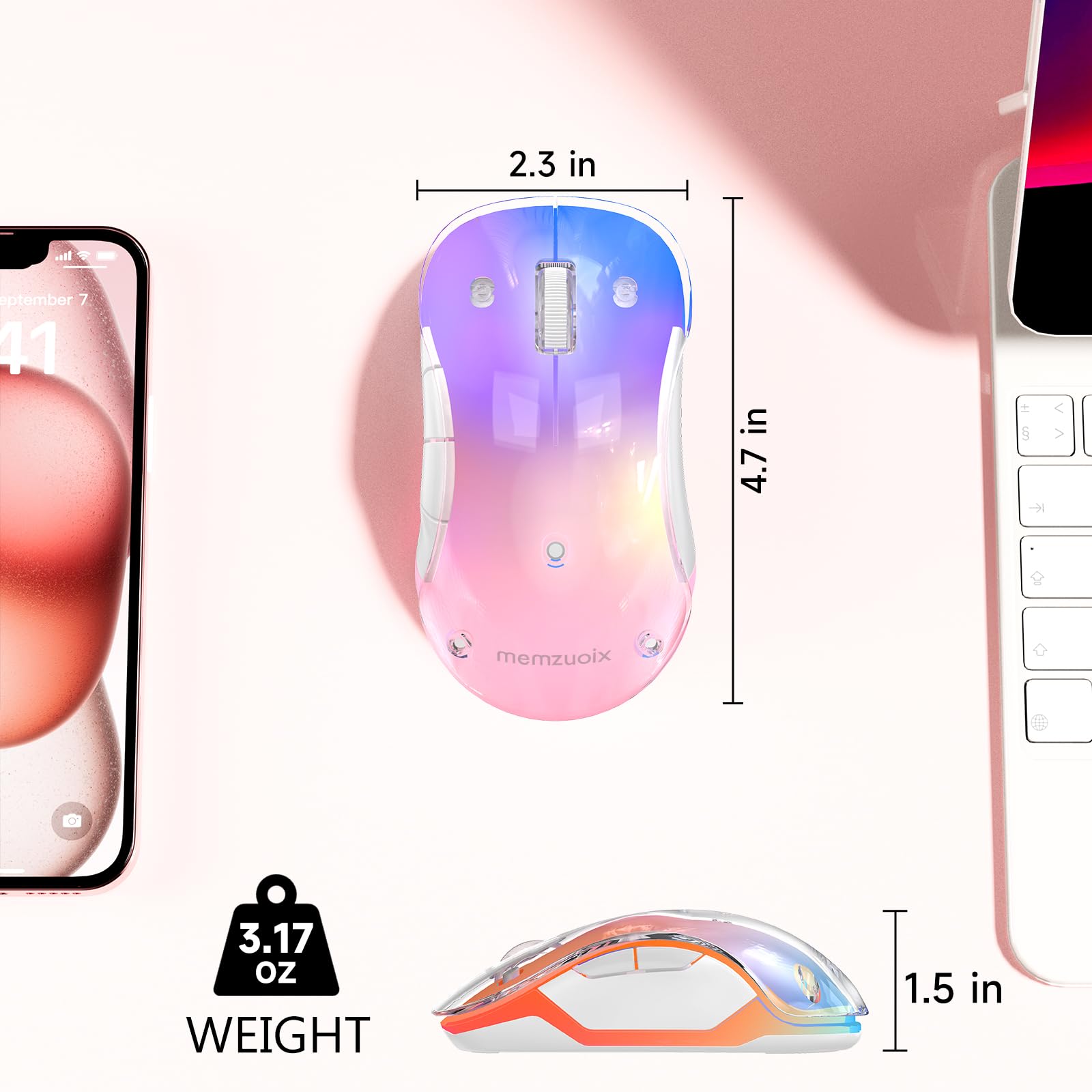 memzuoix 2.4G LED Wireless Mouse, Rechargeable Ergonomic Mouse with Detachable Cover, 1200 DPI Portable Optical Computer Mouse with USB Receiver for Laptop, PC, Desktop and MacBook, 5 Buttons-Pink