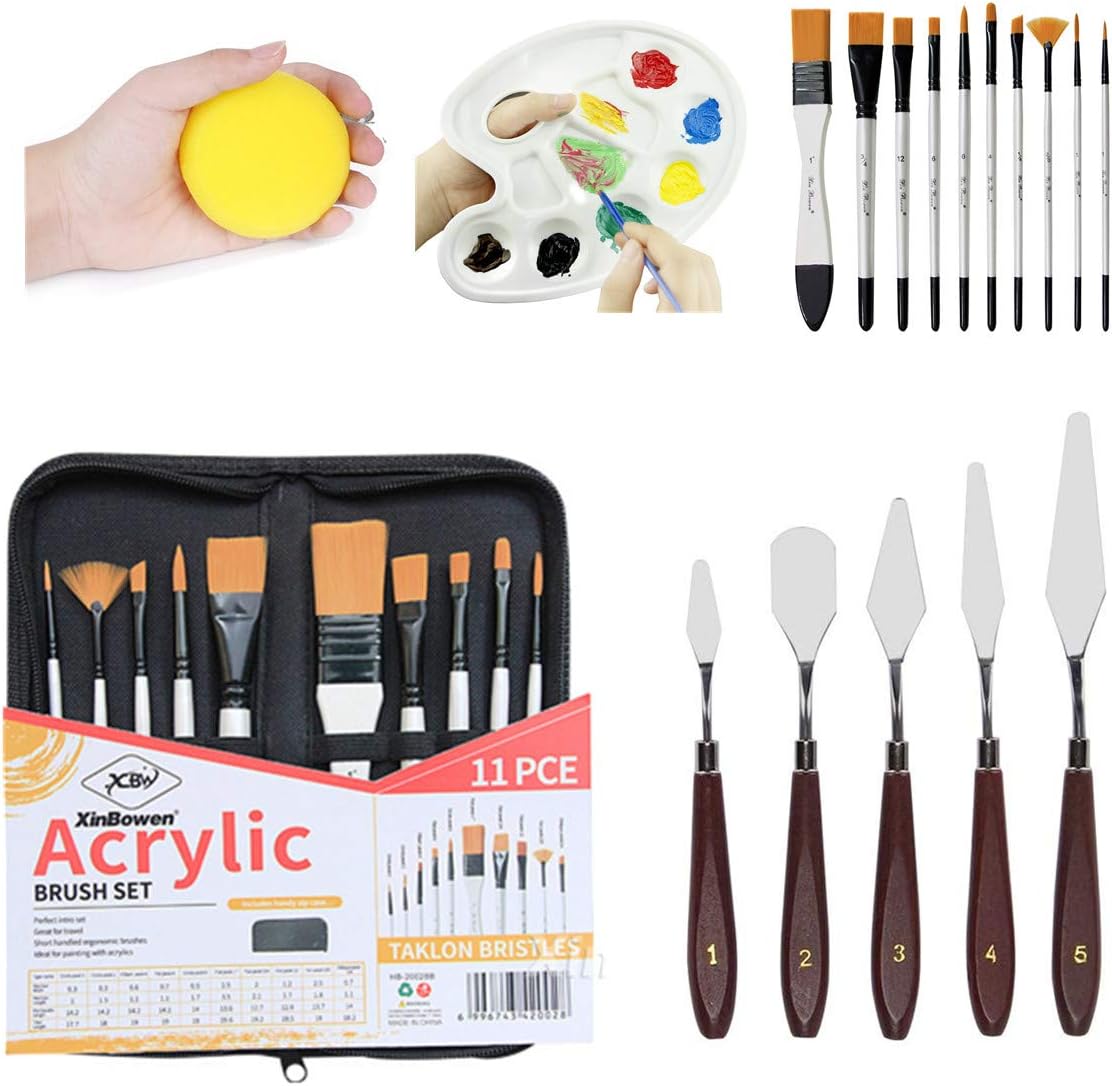 17 PCS Oil Painting Brush Set, Watercolor Brush Set, Including 10p Brush 5p Palette Knife 1p Palette 1p Sponge Ball is a Collection of Supporting Tools for Oil Painting Watercolor and Other Paintings
