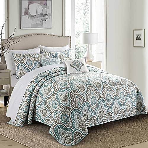 Home Soft Things Tivoli Ikat King Size 102" x 90" 5 Piece Teal Aqua