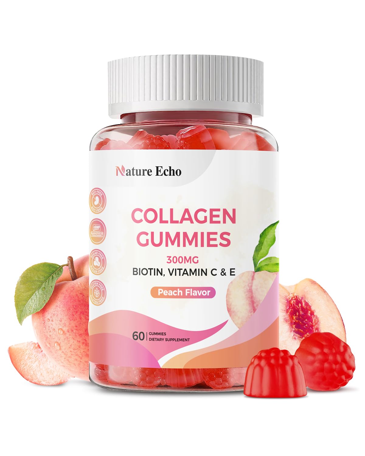Nature Echo Collagen Gummies with Biotin, Vitamin C & E, 300mg Hydrolyzed Collagen Peptides for Hair, Skin & Nail Support, Peach Flavor, Sugar Free, Gluten Free, 30 Day Supply