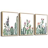 Natural Wood Framed Wall Art For Living Room & Bedroom Decor - Green Succulent Cactus Paintings - 3 Piece Framed Art Prints