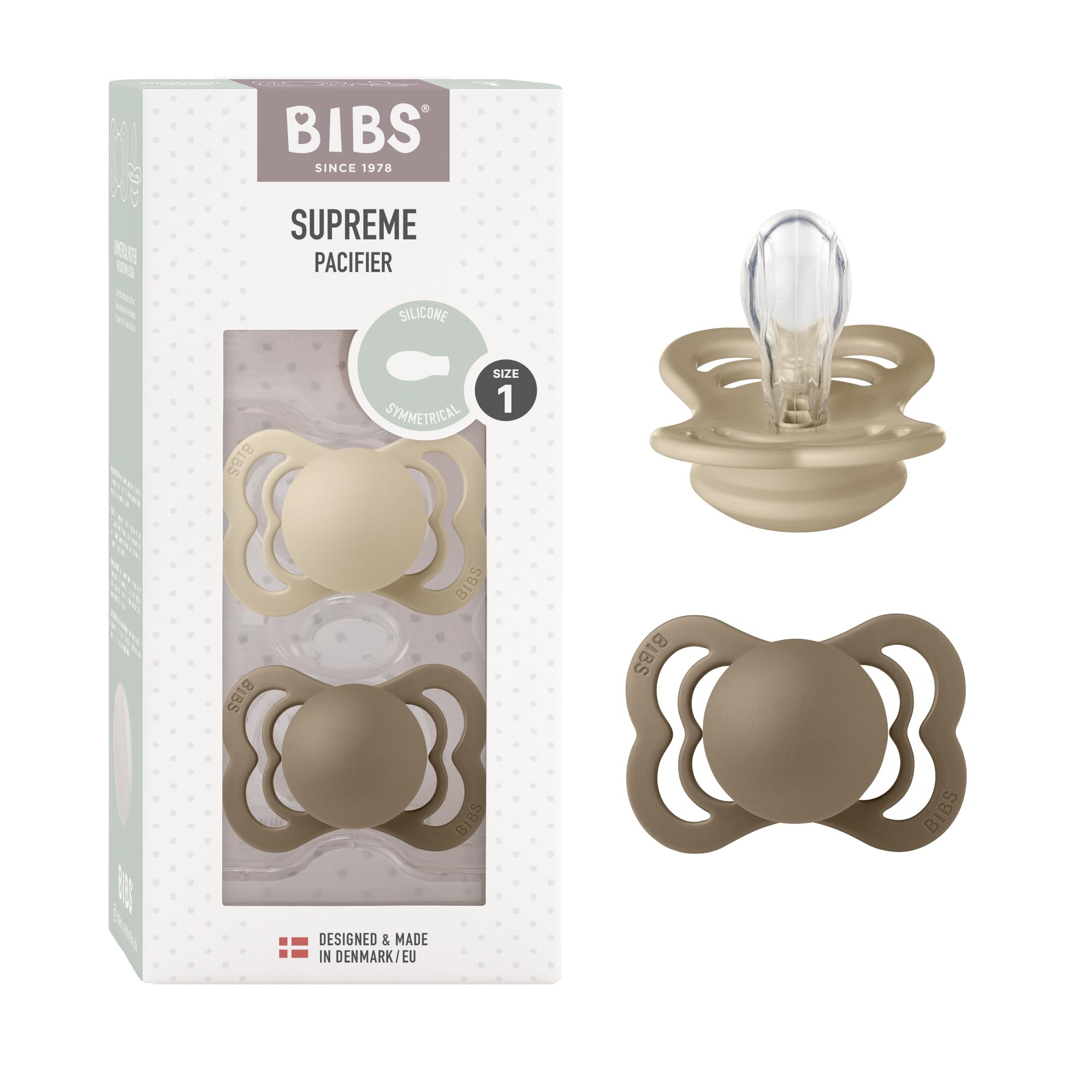 BIBS Supreme Dummies 2-Pack, BPA Free Dummy Pacifier, Silicone Symmetrical Nipple Soother, Size 1 (0-6 Months), Vanilla/Dark Oak