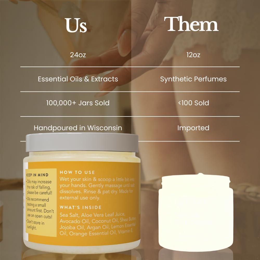 Bare Botanics Lemon Orange Body Scrub 24oz | Made in Madison, WI | All Natural Sea Salt Exfoliator w/ Skin Loving Moisturizers | Vegan & Cruelty Free | Gift Ready Packaging w/ a Cute Wooden Spoon