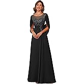 RSOETOO Lace Appliques Mother of The Bride Dress for Women Long Chiffon Cape Sleeve Lace Mother Groom Dresses RON019