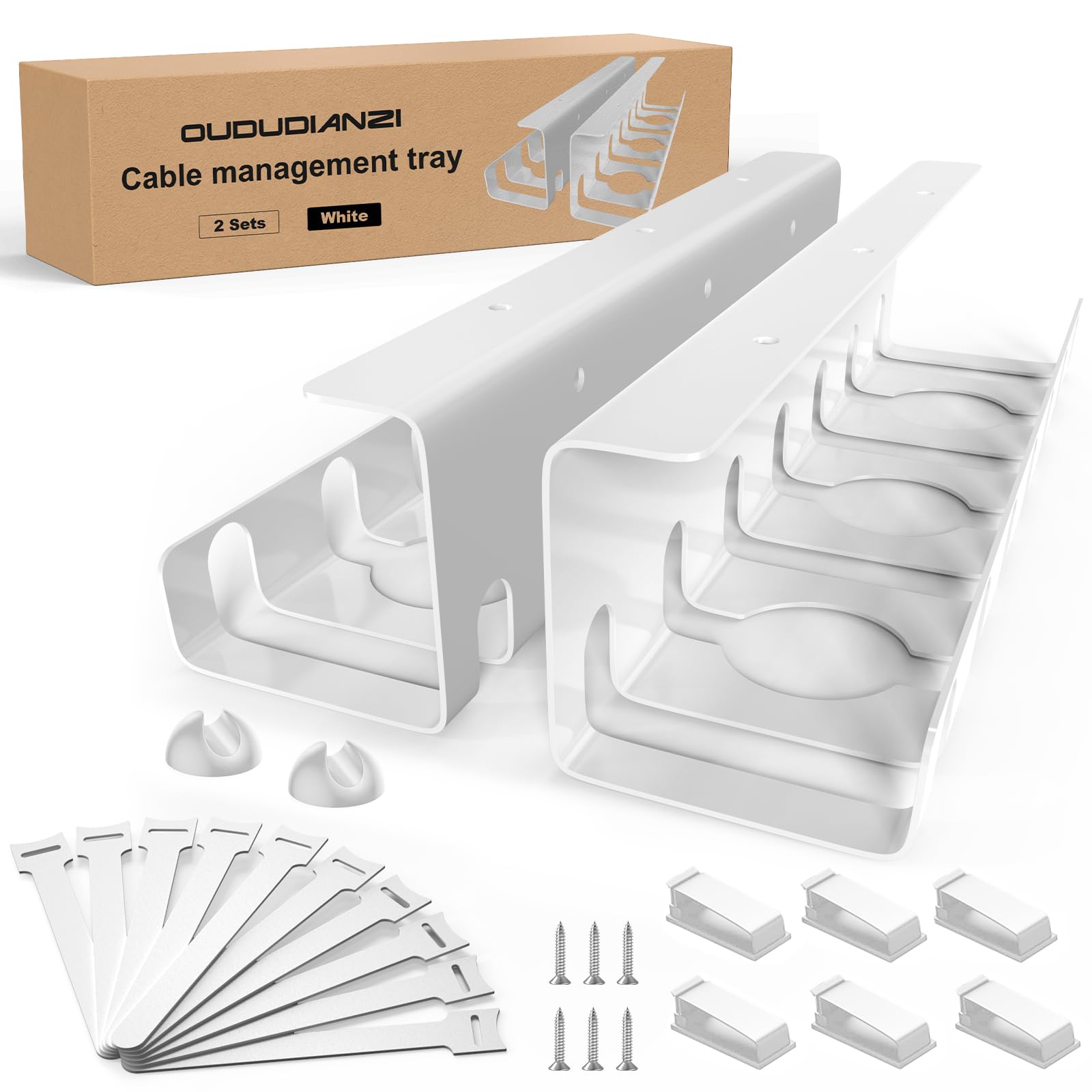 Oududianzi 2-Pack Under Desk Cable Management, Stainless Steel Cable Organizer Tray- 43CM, Includes Accessories, Keeping Cable Desk Tidy for Office and Home (White)