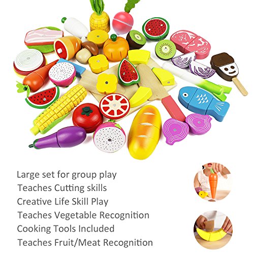 iPlay, iLearn Cutting Cooking Toy, Wooden Food, Pretend Play Kitchen