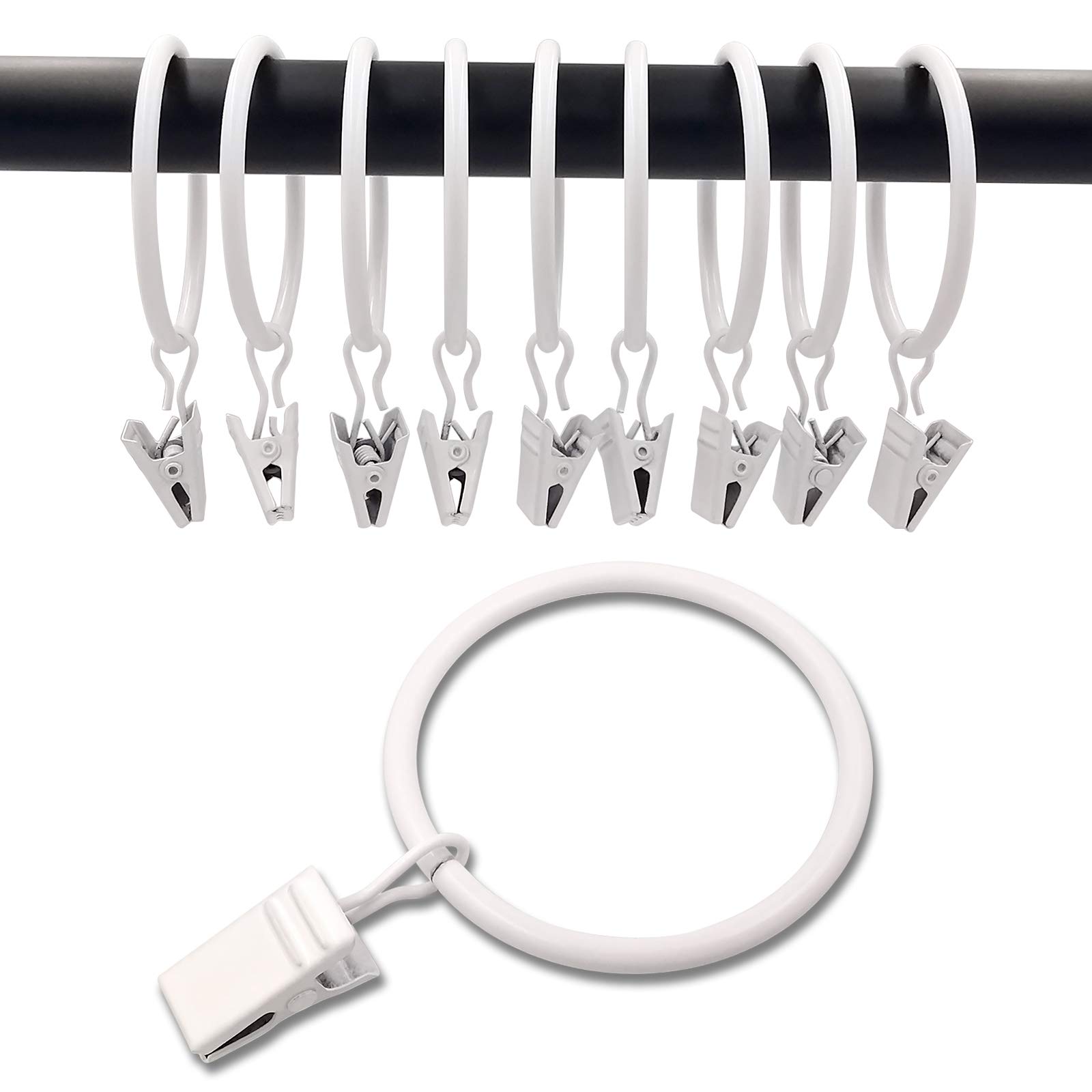 WeeksEight 40 Pack White Curtain Rings with Clips, Curtain Hooks Hangers Clip Rings for Hanging Drapes Bows Hat, Drapery Rings 1.77 in I D, Fits up to 1.5 in Diameter Curtain Rod.