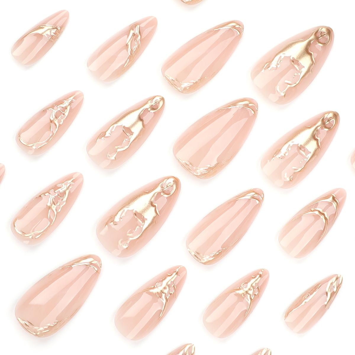 24Pcs French Press on Nails Medium Almond Fake Nails with 3D Gold Stamping Designs Artificial Stick on Nails Irregular Metal Lines French Tip Nails Glue on Nails Luxury Stiletto False Nails for Women - Image 6