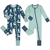 Teach Leanbh Unisex Baby 2 Pack Bamboo Viscose Pajamas with Mittens and Feet Cuffs 2 Way Zipper Long Sleeve Romper