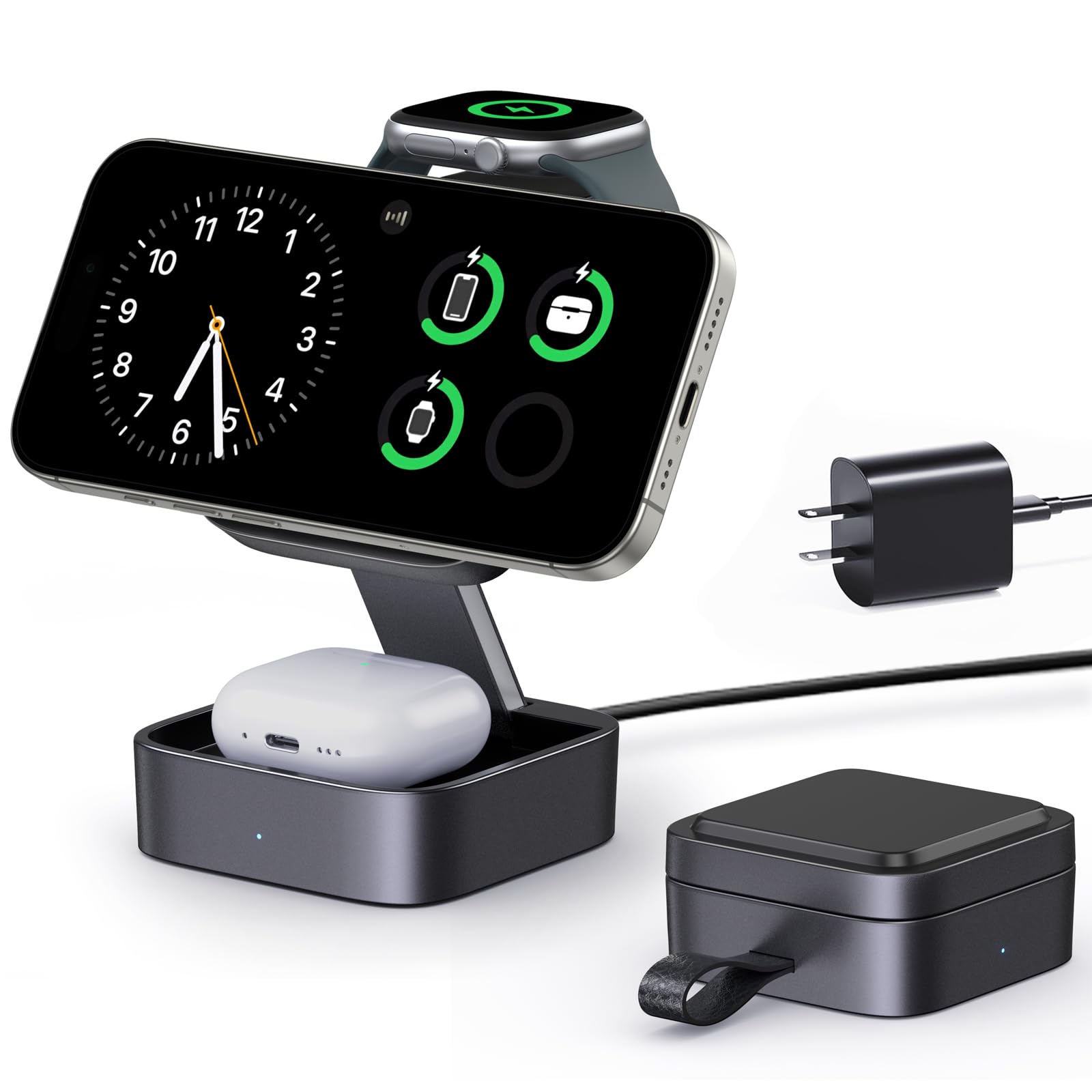 Photo 1 of 3 in 1 Wireless Charging Station for Apple Devices, Magnetic Foldable Travel Fast Charger Stand Compatible with MagSafe for iPhone Air/17/16/15/14/13/12 Series, Apple Watch & AirPods Pro/4/3/2-Black