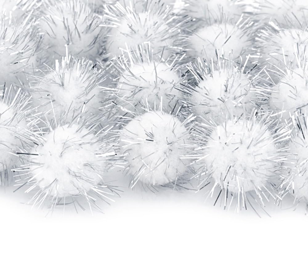 Perlin Plush Pompoms Set of 100, White and Silver, 15mm + 5mm Glitzer, Stone, for DIY Crafts