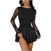 GORGLITTER Women's Lace Long Sleeve Mini Dress Fall Y2K Sexy Ruched Layered Ruffle Night Out Birthday Party Dresses