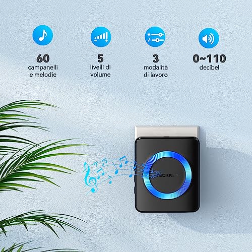 TeckNet Wireless Doorbell, Portable Wireless Doorbell, 60 Ringtones, LED Indicators, 400 M Operating at Large Distance, 5 Selectable Volumes (1 x Transmitter and 2 x Receiver)