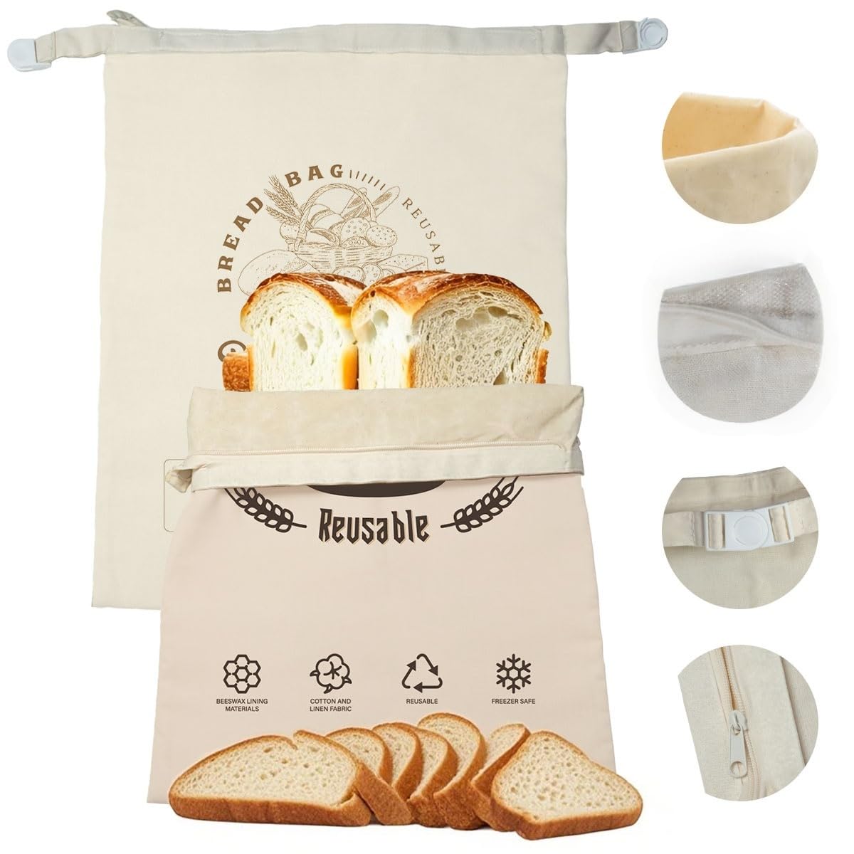 Photo 1 of 2pack Reusable Beeswax Bread Bags ?Home-Baked Food Storage for Sourdough Bag?Zippers Sticker Rotating buckle Seals Triple Protect Cotton Beeswax Food Bag. Bread Bags for Homemade Loaf Sourdough