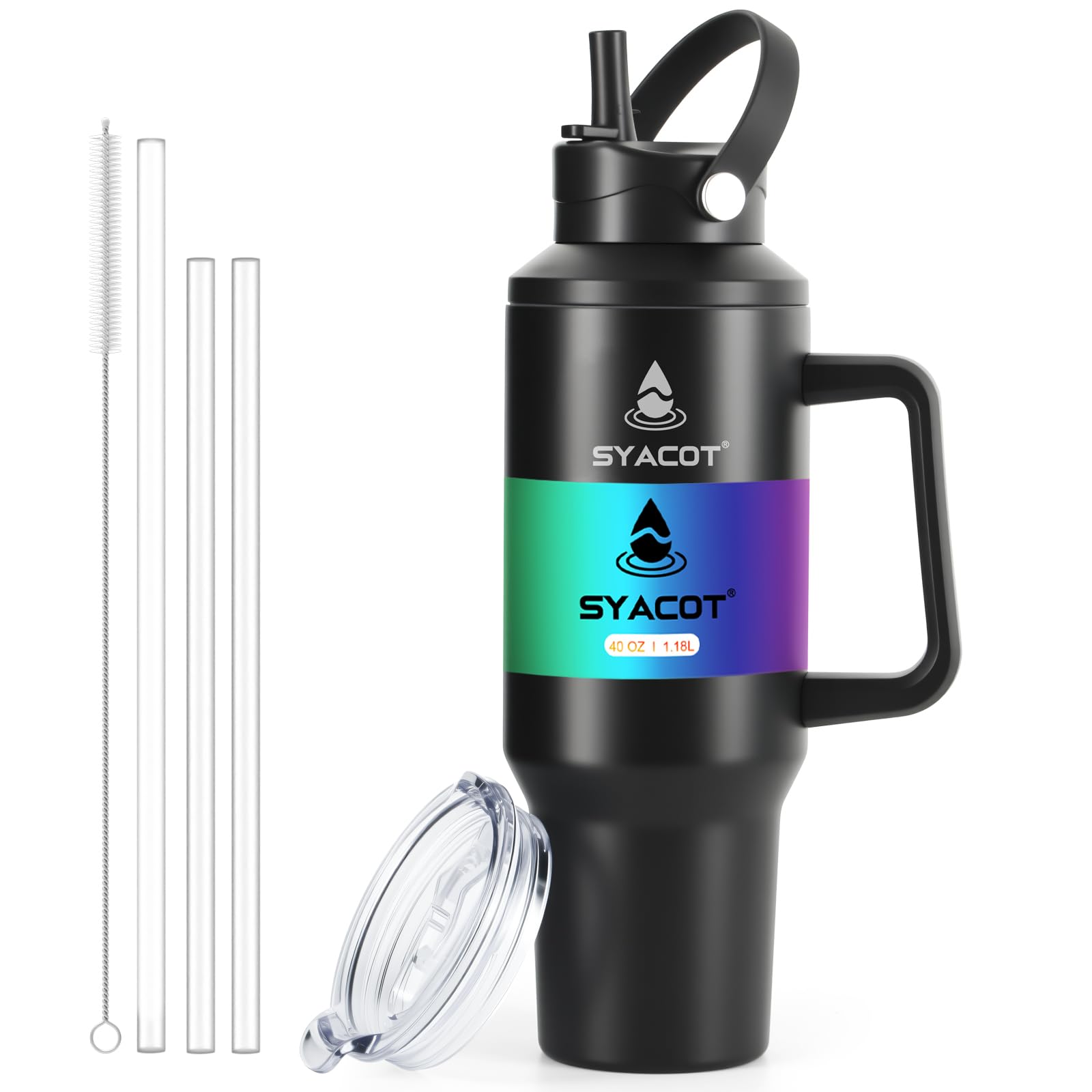 Photo 1 of 40 oz Tumbler with Handle and Straw or Convert to 40 oz Insulated Water Bottle Fits in Cup Holder. Stainless Steel Metal Water Flask with 2 Lids for Travel,Camping,Gym Sports Coffee Mug Thermal Cup