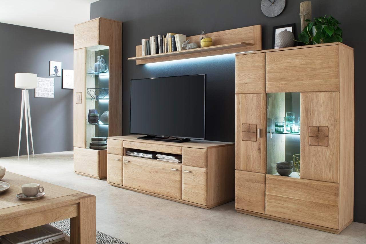 Lifestyle4living Wohnwand In Eiche Teilmassiv Design Schrankwand Mit Massivholz Fronten Moderne Anbauwand 4 Teilig Ca 320 Cm Breit Amazon De Kuche Haushalt
