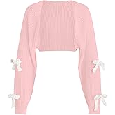 SHENHE Women's Open Front Ribbed Knit Bow Cute Cropped Cardigan Bolero Sweater Shrug