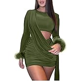 Aro Lora Womens Sexy Ruched Cutout Bodycon Dresses Long Sleeve Fuzzy Cuff Party Club Mini Dress