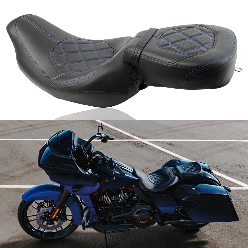 Photo 1 of **PARTIAL SET** Low-Profile Leather Seat Pillion Passenger Rider Seat Set Compatible with Harley Touring Road King Street Glide Road Glide Electra Glide CVO 2009-2023 (Blue stitching)