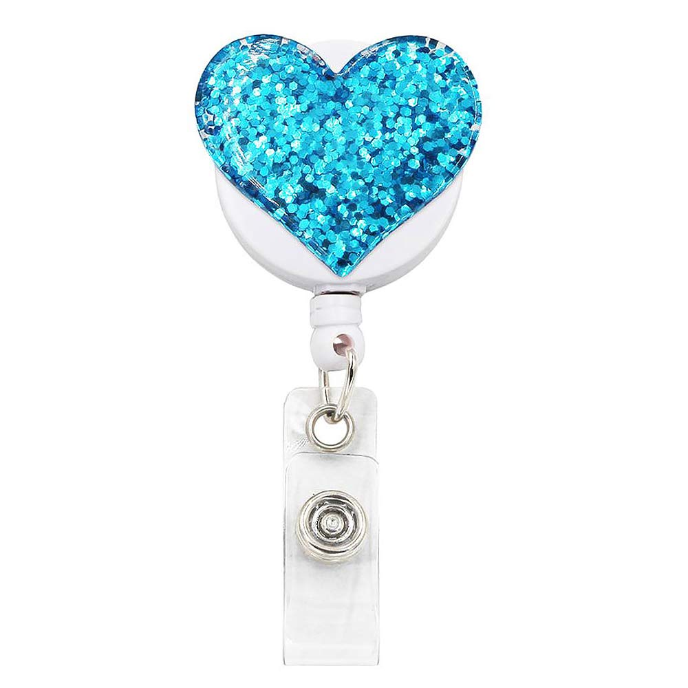 Retractable Badge Reel with Belt Clip Glitter Heart Yo Yo Yo Key Ring for Girls Nurse Teacher Students (Blue