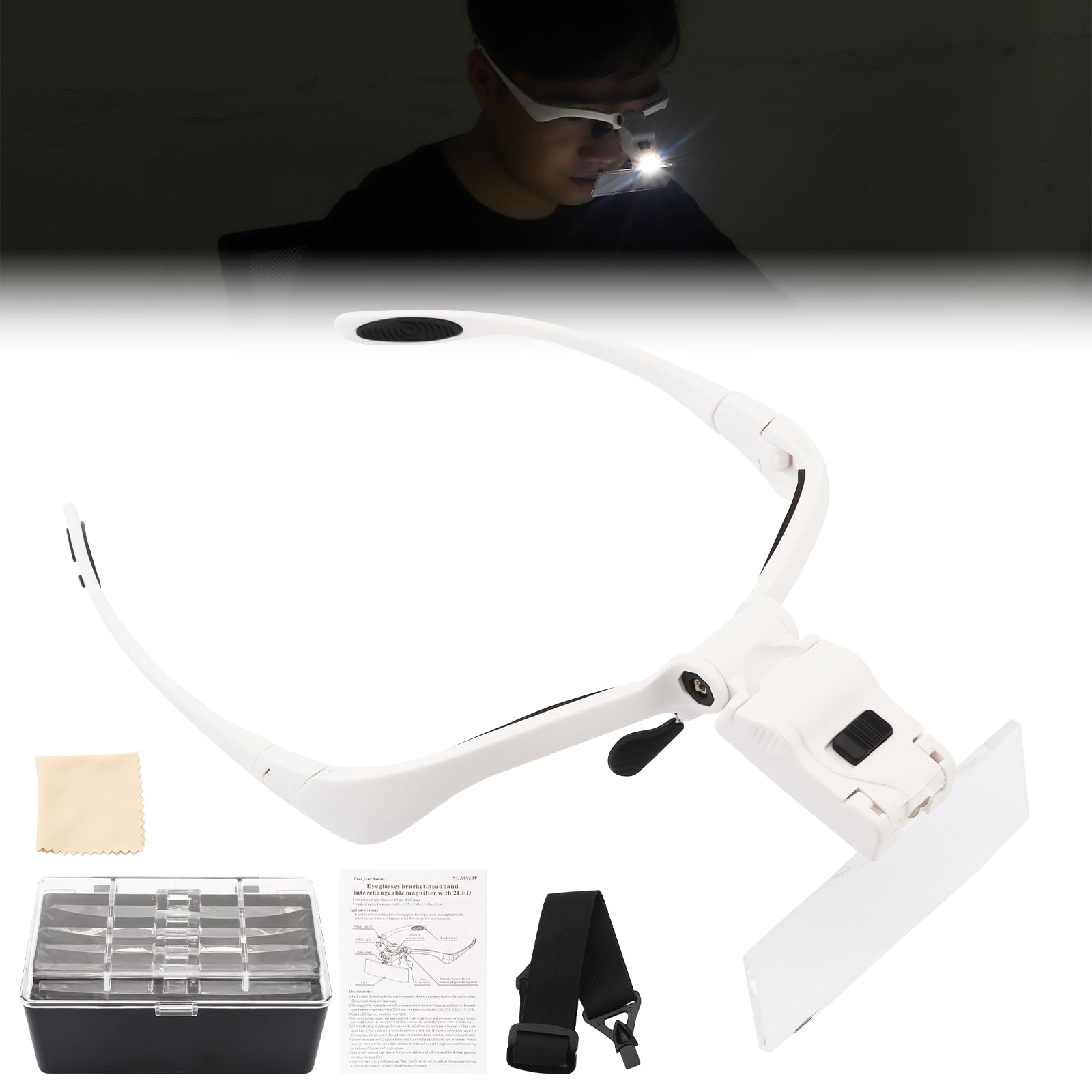SMGDA LED Head Magnifier, Hands Free Headband Magnifying Glass with 2 Led Lights, 5 Detachable Lenses 1X, 1.5X, 2X, 2.5X 3.5X, Interchangeable Headband, Eyeglass for Sewing/Jewelry/Crafts Close Work
