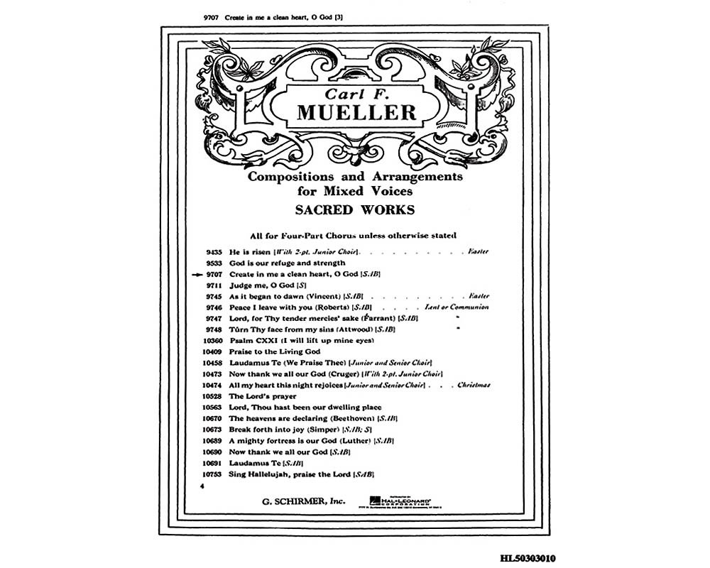 G Schirmer Create In Me A Clean Heart O God Sab Composed By