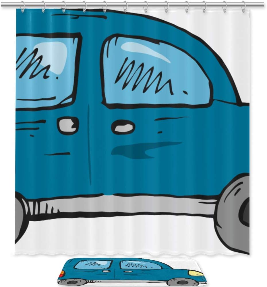 Blue Car Shower Curtain Set Fabric AntiMildew And Waterproof With 12