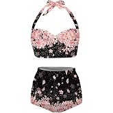Jndtueit Butterfly Women's Retro Ruched Ruffle High Waist Bikini Set, Flag Tankini Swimsuits Tummy Control Swimwear