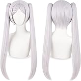 YONGCANWIG Cute Halloween Long Silver White Anime Cosplay Wig, 2 Hair Caps + Wig, Long Straight Synthetic Hair with 2 Ponytails for Parties and Cosplay Events for Women and Teen Girls