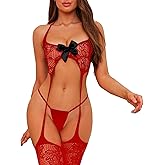 QOXNORC Women's Sexy Lingerie 3 Piece Lingerie Set with Garter Belt Stockings and Panty, Lace Crotchless Teddy Bodysuit