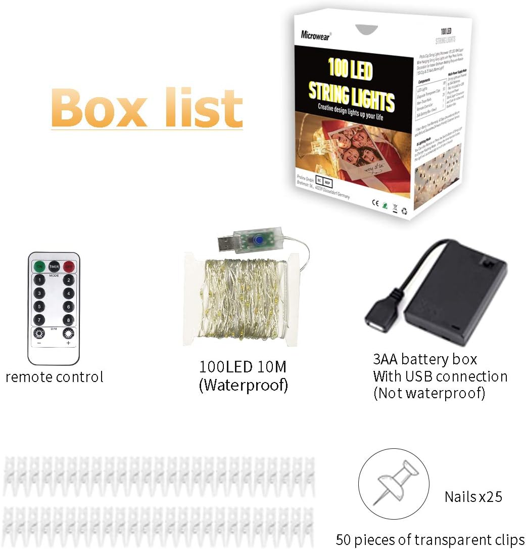 Microwear Photo Clip String Lights,USB or Battery Powered,100 LED 10M Copper Wire Hanging String Fairy Lights with Remote,Decoration for Indoor Bedroom Wedding Party (50 Clip & 25 Nails,8 Modes) - Image 5