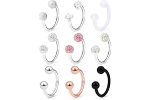 Hoeudjo 9-18PCS 16G Surgical Steel Lip Hoop Ring Crystal Cubic Horseshoe Barbell Tragus Cartilage Earring Helix Daith Septum Hoop Piercing Body Piercing Jewelry Retainer for Women Men 8-10mm