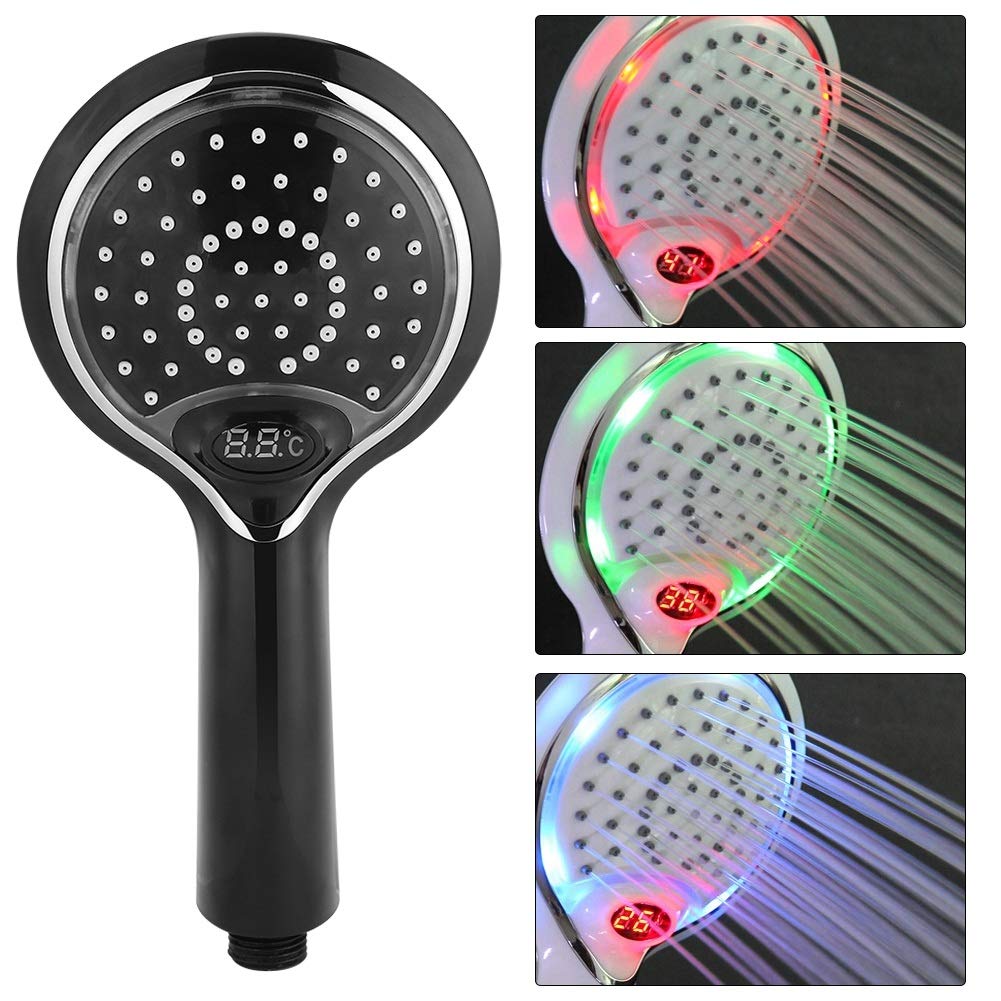 Nikou Led Shower Head - 3 Colors LED Handheld Shower Head Temperature Control Handheld Shower Water Saving Spray Head, Digital Display (Color : Black)