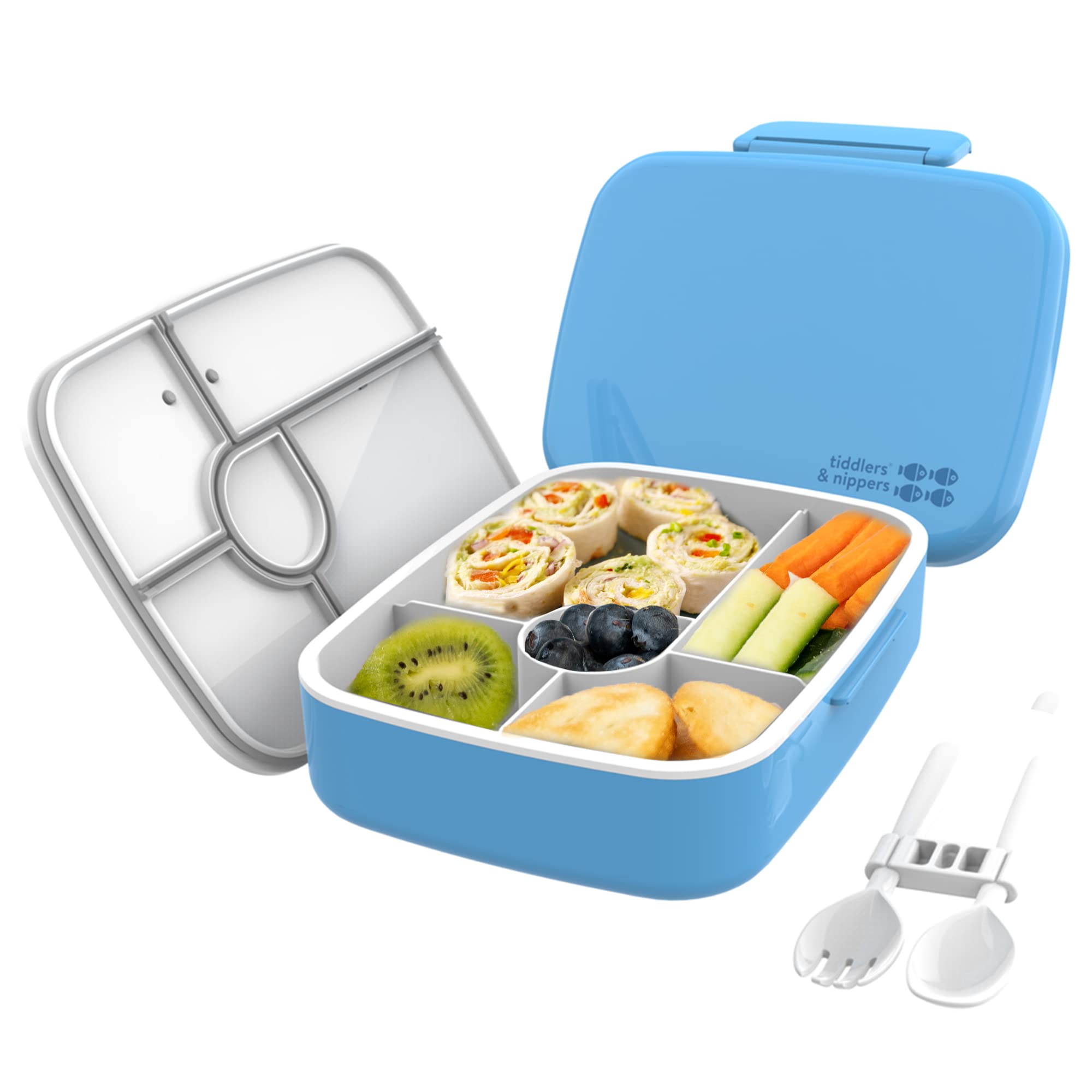 tiddlers & nippers 5 Compartment Lunch/Bento Box for Kids & Adults! | Includes Reusable Cutlery - Fork & Spoon | Leak-Proof & BPA-Free | Microwave, Freezer & Dishwasher Safe (Plain Blue)